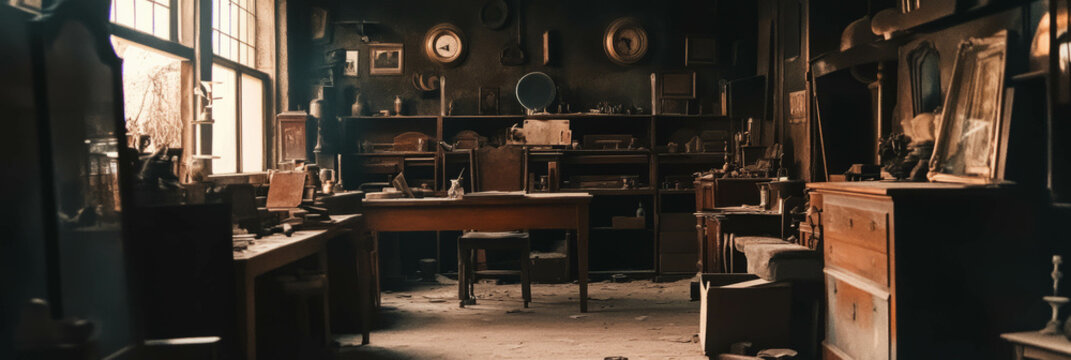 Eerie atmosphere fills a haunted antique shop with dusty objects and forgotten treasures