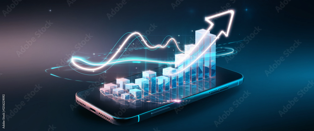 Poster 3d digital graph with glowing bars and arrows on a smartphone, representing business growth, financi