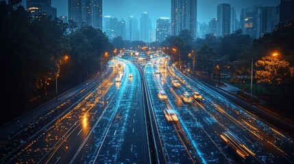 Night City Highway Traffic Flow with Digital Data Stream Overlay