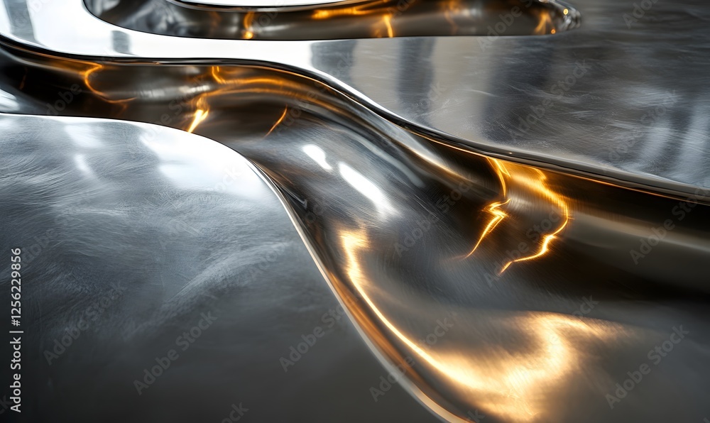 Poster metallic surface with flowing contours and golden light reflections, creating abstract patterns