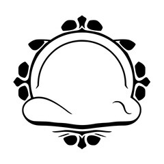 Black and white stylized image of a circular, ornate frame.