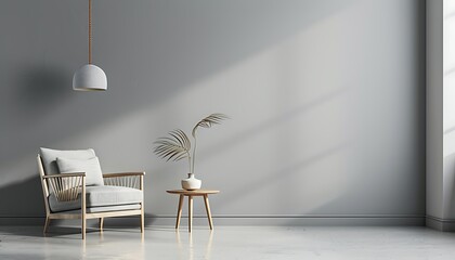 Minimalist gray interior with armchair, side table, hanging lamp, and empty wall for product presentation.