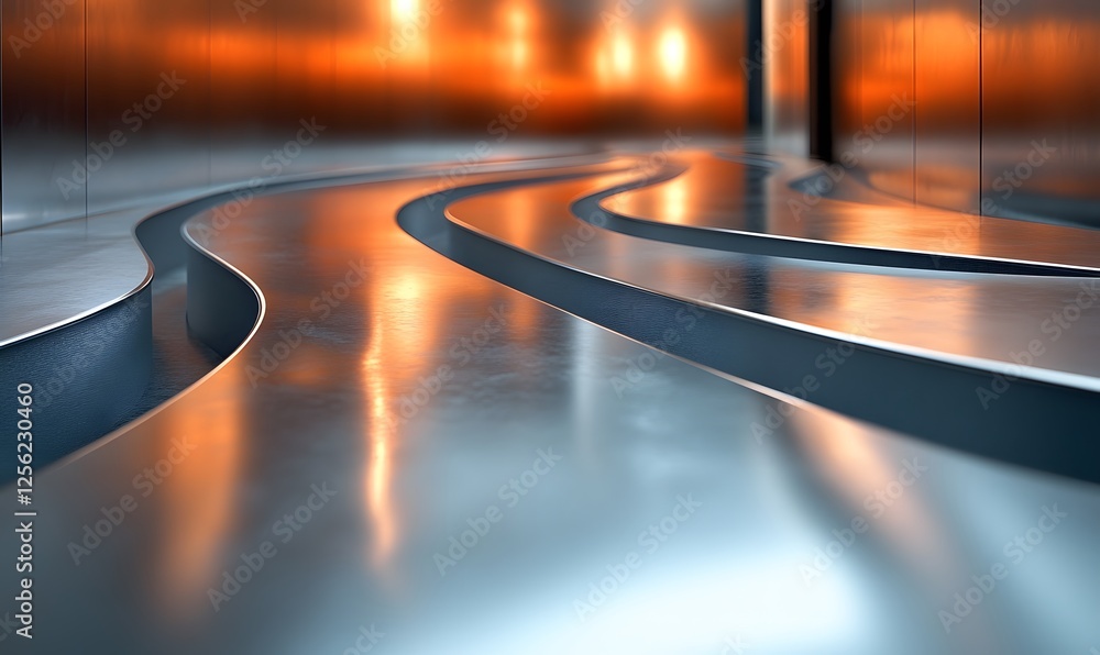 Poster abstract metal surface with curved channels, light reflection creating warm hues in the background