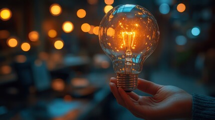 Illuminated Ideas Hand Holding Glowing Edison Bulb Against Blurred Bokeh Background