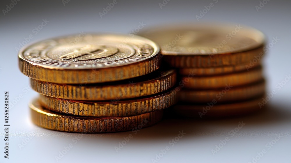 Poster a stack of golden coins arranged neatly on a surface.