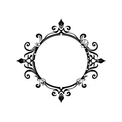 Elaborate symmetrical black decorative ornamental circular frame with blank space.