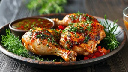 A vibrant plate of grilled chicken garnished with herbs, served with sauce and vegetables, showcasing culinary skills and presentation.