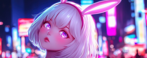 Futuristic anime girl with white hair, a bunny headband glowing softly, in a bustling cyberpunk city filled with towering neon advertisements