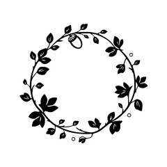Stylized black and white floral wreath, composed of stylized leaves, acorns, and vines arranged in a circle.
