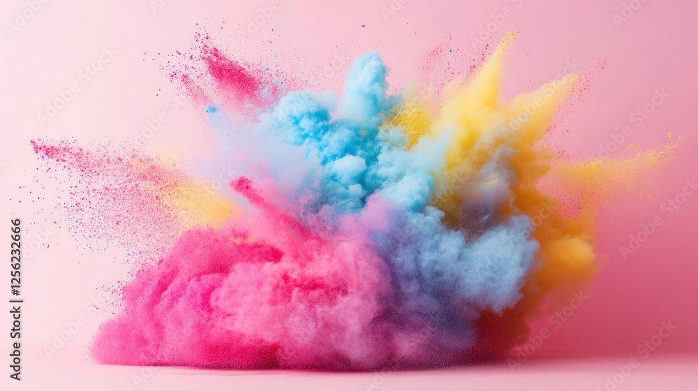 Poster vibrant explosion of colored powder creating a dynamic visual effect against a soft pink background