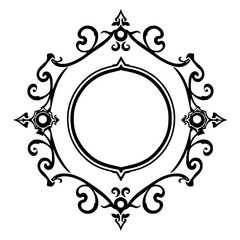 Black-and-white stylized ornate frame, an open circle on white background, with four gemstones.