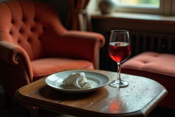 Obraz premium A solitary dessert rests on a plate, accompanied by a glass of red wine, set against the backdrop of an inviting upholstered armchair in a dimly lit room.