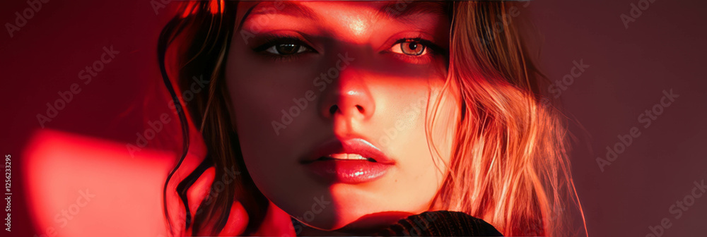 Poster muted red glows create an artistic play of light on a subject's facial features