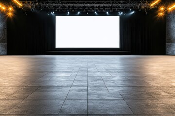 Large outdoor concert platform with illuminated lights, interactive screens, and a sophisticated audio system for a professional vibe