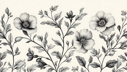 Elegant monochrome floral illustration featuring large blossoms and detailed leaves on a cream background.