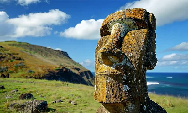 Moai, Easter island's sculptures at sunset