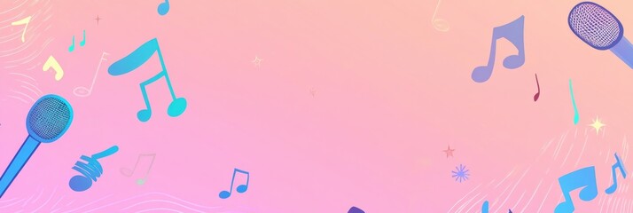 Minimalist K pop inspired background featuring vibrant music notes and microphones suitable for creative projects. Generative AI