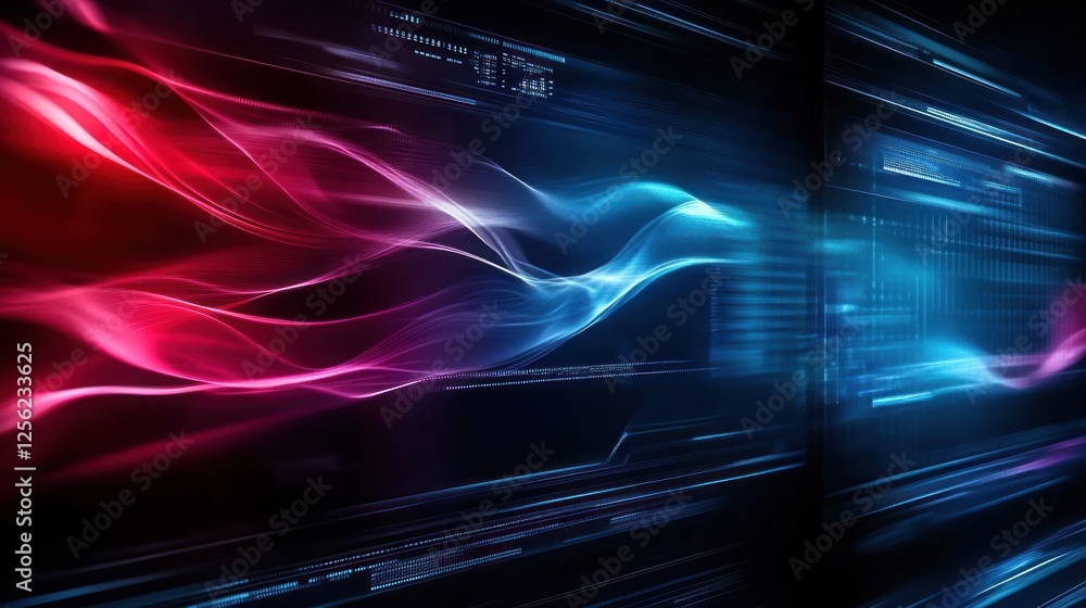Poster abstract digital background with flowing light waves in vibrant colors and futuristic elements