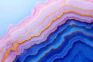 Papier peint photo Abstract Agate Texture:  A mesmerizing close-up of an abstract agate texture, featuring swirling layers of deep blues and soft pinks accented with glittering gold veins.