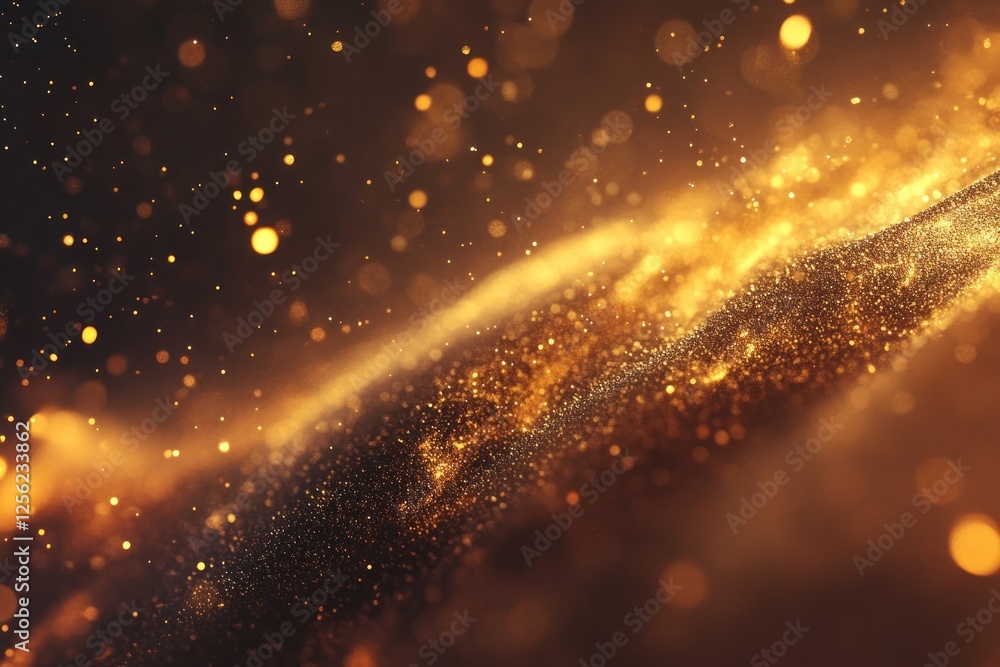 Poster abstract representation of shimmering golden particles cascading in a dreamy, soft-focus background