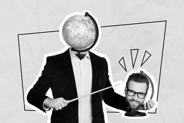 Composite collage image of teacher man planet earth glove instead head hold pointer isolated on drawing background