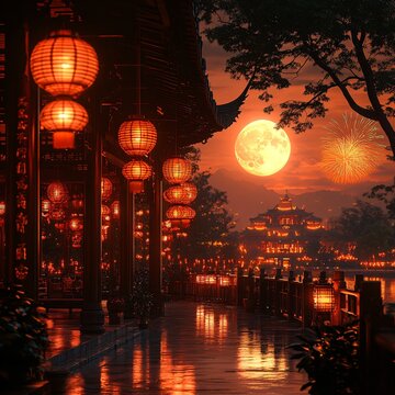 A mesmerizing scene of a traditional Chinese temple glowing under red lanterns, with a full moon and fireworks in the background. Perfect for festivals, cultural heritage, and travel imagery.