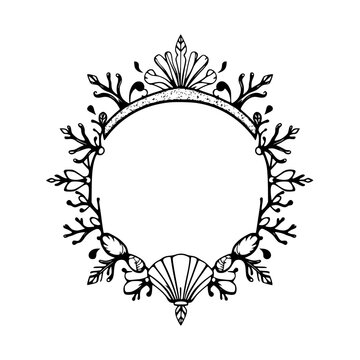 Ornate, intricate, and elegant circular frame with a seashell and floral design.
