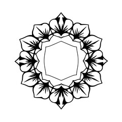 Black and White Floral Mandala with a Central Hexagonal Frame.