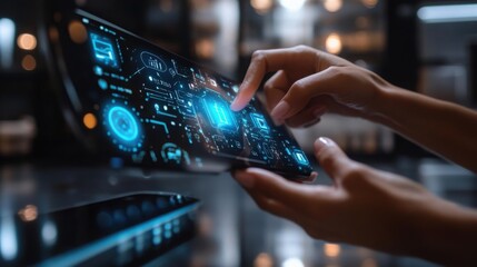 Woman using futuristic tablet with holographic interface innovative technology concept