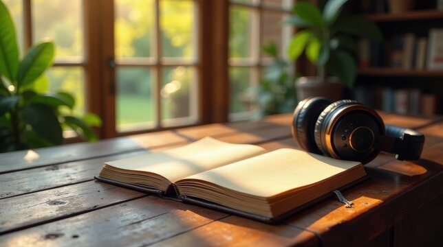 Quiet morning study session with open book and headphones on wooden table near sunlit window