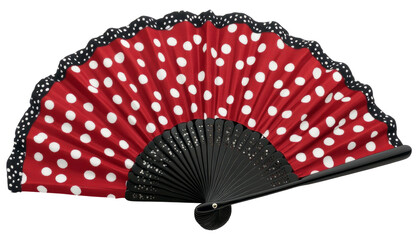 Traditional spanish flamenco hand fan with red and white polka dots and black ribs, isolated on transparent background