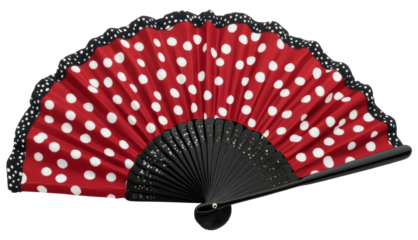 Traditional spanish flamenco hand fan with red and white polka dots and black ribs, isolated on transparent background