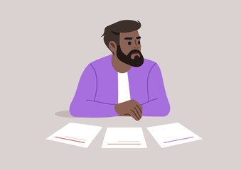 A bearded character sits thoughtfully at a table, analyzing multiple blank sheets of paper, lost in their considerations about potential paths and decisions to take in life