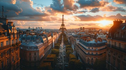 Cityscape of Paris at summer, street with Eiffel tower, illustration