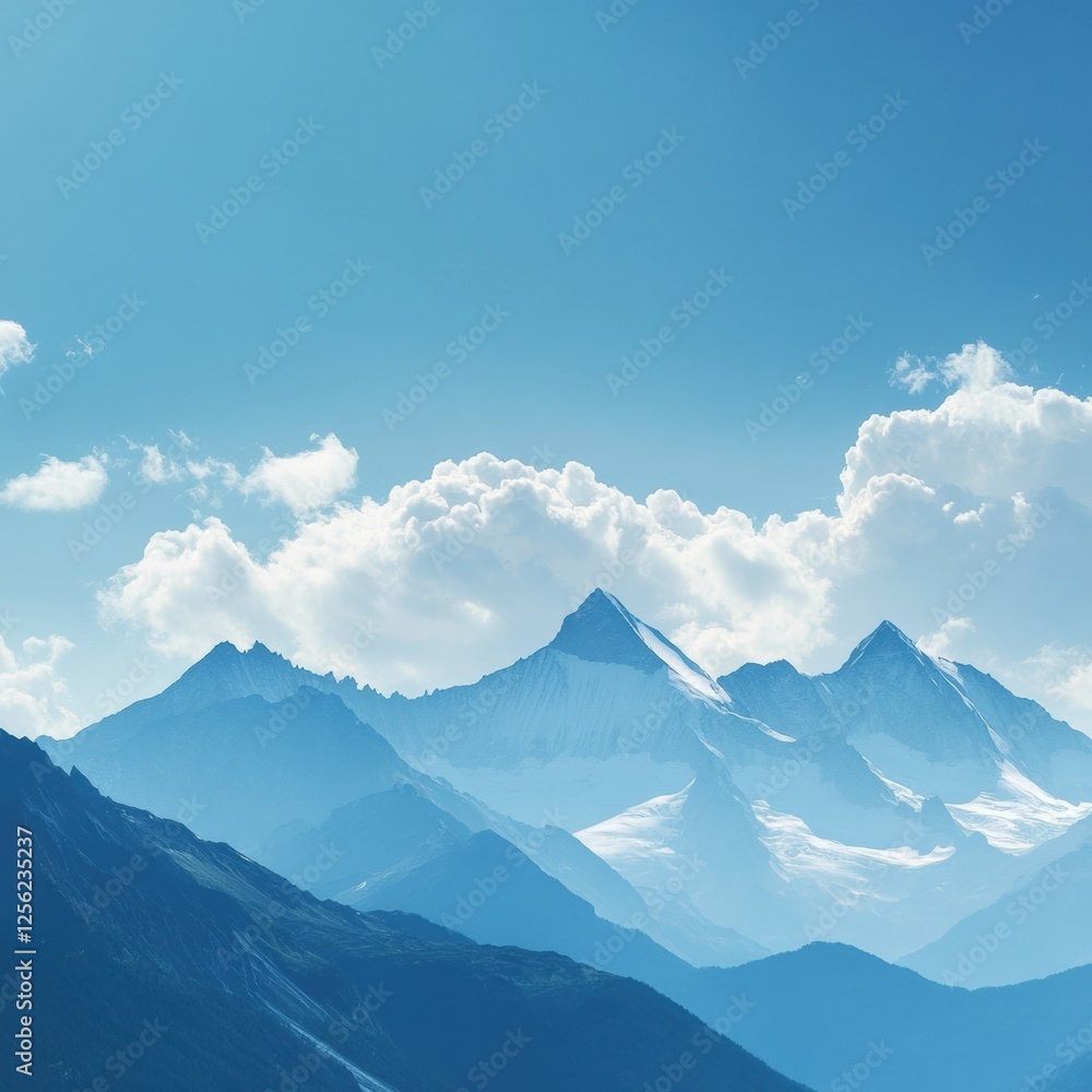 Poster Majestic mountain range under soft clouds in a serene blue sky with ample space for creative text or messaging. Generative AI