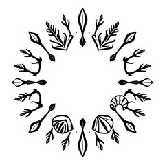 Black and white line art mandala with stylized leaves, shells, and a central empty space.