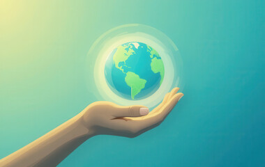 Hand gently cradling a vibrant green planet earth, soft green background, concept of nurturing and new beginnings, Earth Day. 