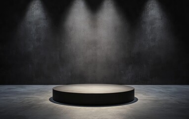 Stylish studio set with bold lighting and a central circular platform, designed for modern theater and multimedia shows