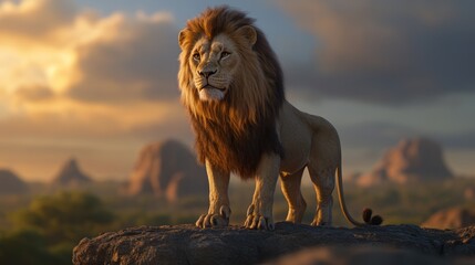 Fototapeta premium Majestic lion standing on rocky terrain.