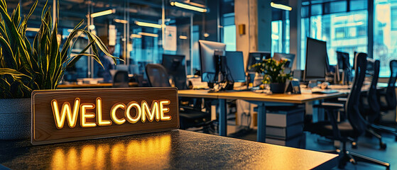 Modern office interior with a glowing welcome sign, showcasing a collaborative workspace and plants