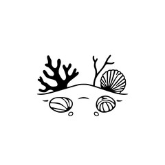 Fototapeta premium Minimalist Black and White Beach Scene: Coral, Shells, and Sand.