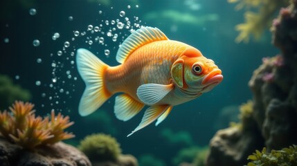 Fototapeta premium An orange fish gracefully swims through the water, surrounded by vibrant aquatic plants and tiny bubbles. The scene is tranquil and evokes a sense of underwater serenity.