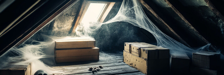 Spooky attic filled with dusty boxes and cobwebs creating a haunting atmosphere