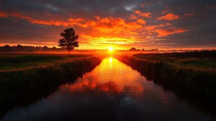 Obraz premium Sunrise over tranquil river, foggy field, tree silhouette; peaceful nature scene