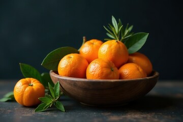 A wooden bowl overflowing with vibrant, juicy citrus fruits, nestled amongst fresh green leaves, creates a still life of natural abundance.