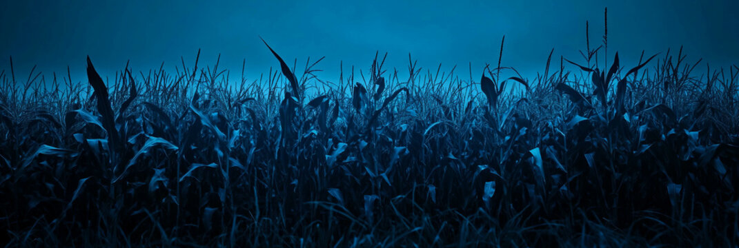 Spooky atmosphere in a dark cornfield at night with rustling stalks and eerie shadows