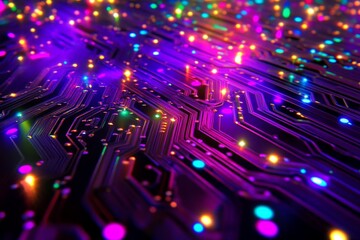 Abstract Circuit Board Glow - Futuristic technology, network, vibrant colors, data flow, innovation concept