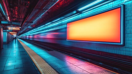 Vibrant subway station at night with a blurred train approaching and an empty advertising panel
