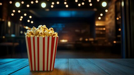 Delicious popcorn in a striped box on a rustic wooden table surrounded by soft glowing lights