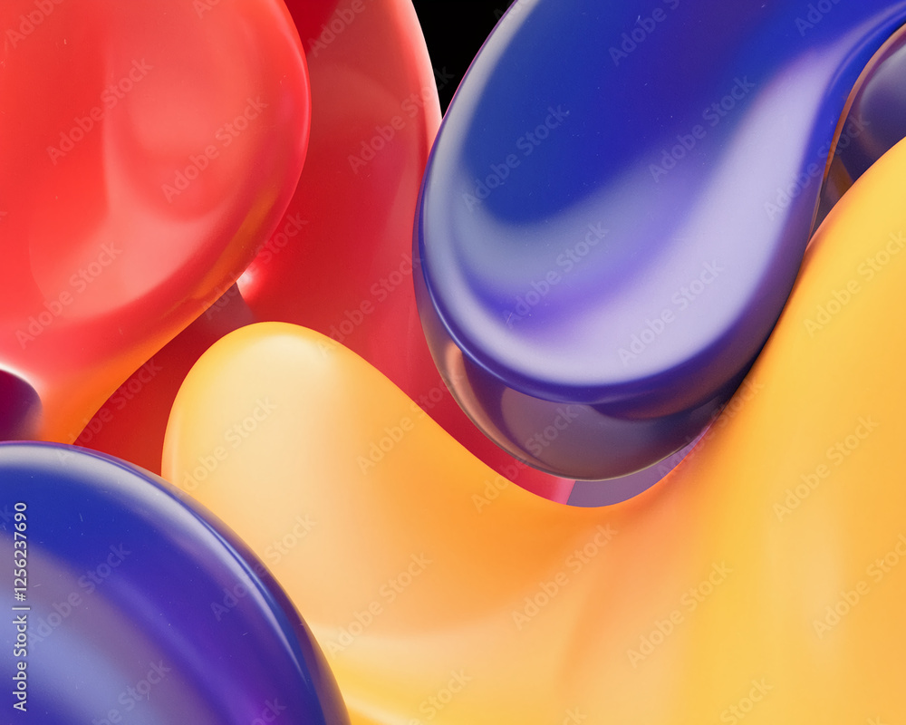 Poster a close-up view of colorful glossy abstract shapes in shades of red, yellow, and purple, representin